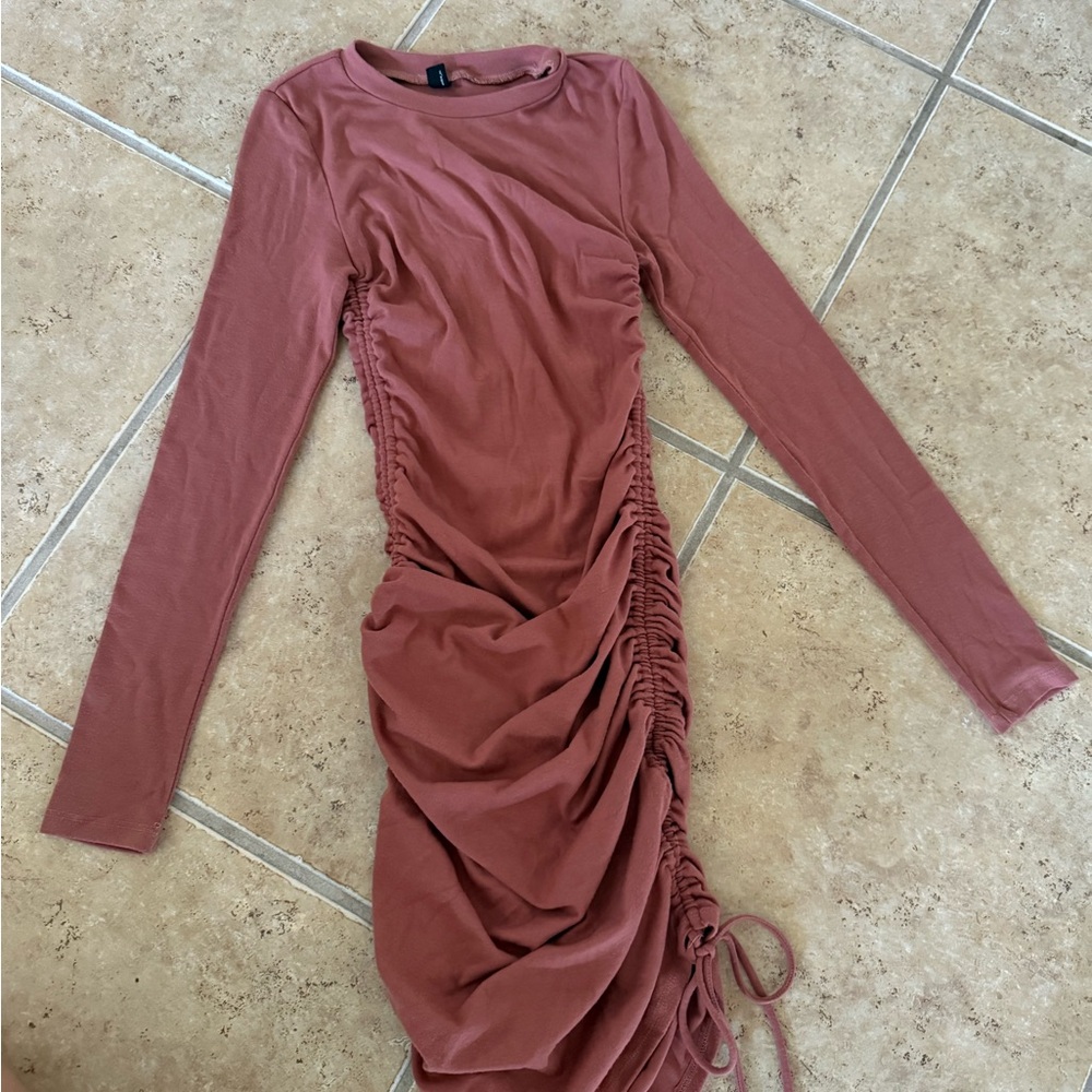 Elegant Ruched Long Sleeve Dress - Rust